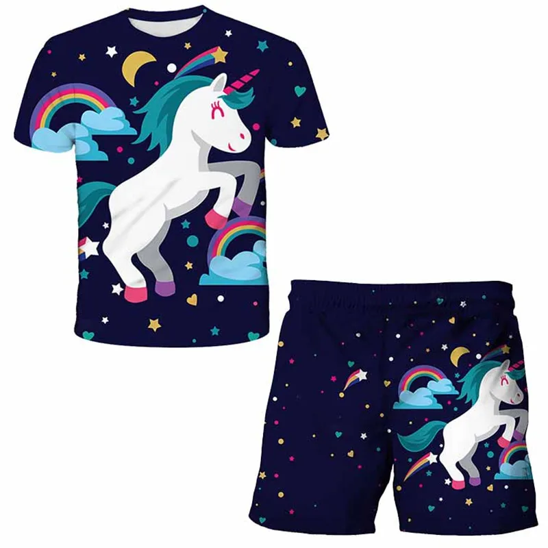 

2022 year new style Cartoon unicorn cute Clothing Boy Summer Clothes T-shirt+shorts Girl Casual 4-14 year old Casual Sets