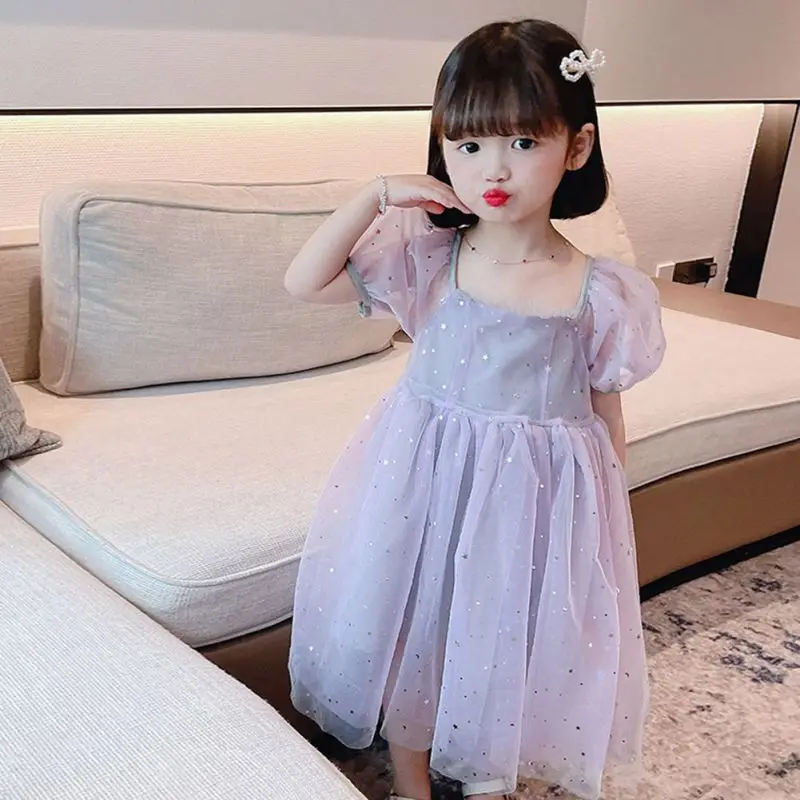 

Baby Girl Puffy Dress Summer Party Princess Dresses For Girls Charm Costume Bright Glitter Bow Dress Elegant Children Clothing