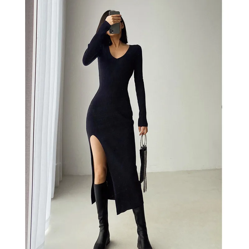 

Spring Split High Waist Dress Long Sleeve Slim Wrap Hip Long Skirt Knitted One-step Tight-fitting Over-the-knee Sweater Dresses