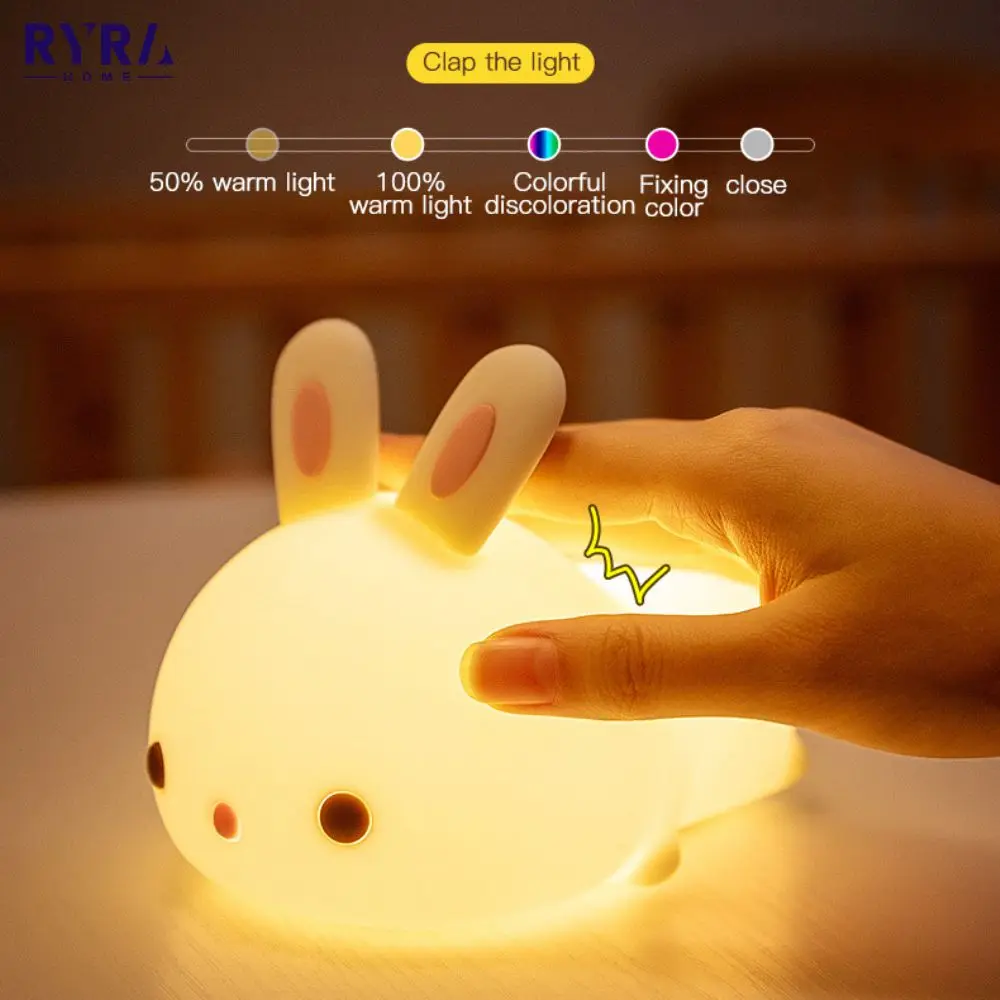 

Ночной светильник в виде кролика, 7 цветов, USB, перезаряжаемый, силиконовый, мультяшный, милый, с дистанционным управлением, светодиодный Ноч...