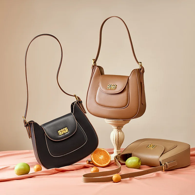 LOERSS Saddle Bag for Women Solid Color Genuine Leather Underarm Bag Versatile Commute Shopping Hand Bags Mini Purse and Handbag