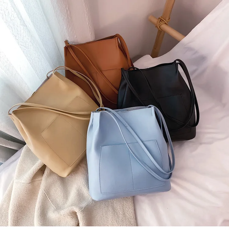 

Large Capacity PU Bucket Bag Fashion Student Simple Solid Composite Bags Lsdies Designer Shouder Bags for Women