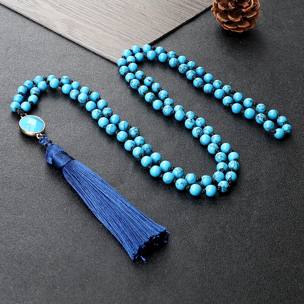 6 мм белый синий натуральный камень кулон с кисточкой ожерелье для женщин и