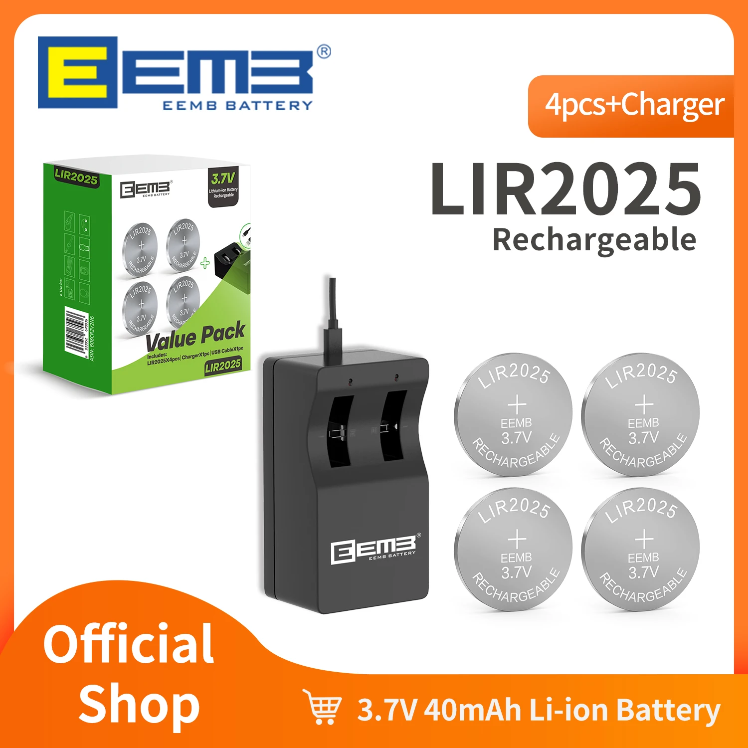 Фото EEMB 5 шт. LIR2025 3,7 в перезаряжаемая батарея с зарядным устройством 2025 40 мА/ч литий-ионные кнопочные батареи для телефона №1