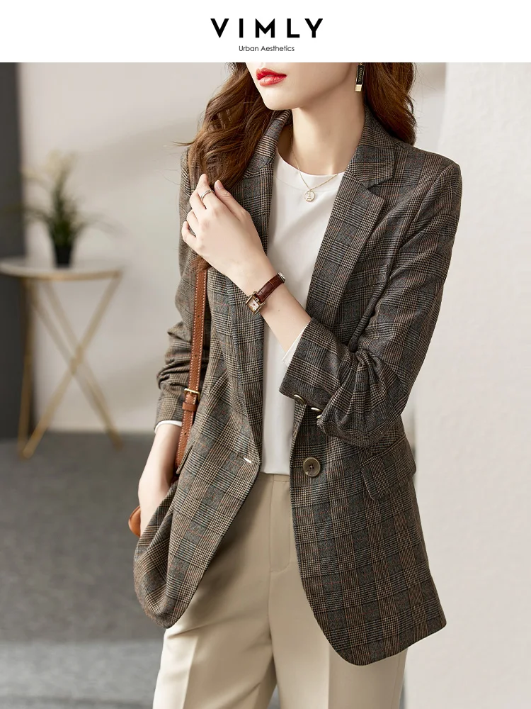 

Vimly Spring Jacket 2023 Plaid Blazers Suit for Women Business Elegant Full Sleeve Notched Neck Office Lady Outwear V5190