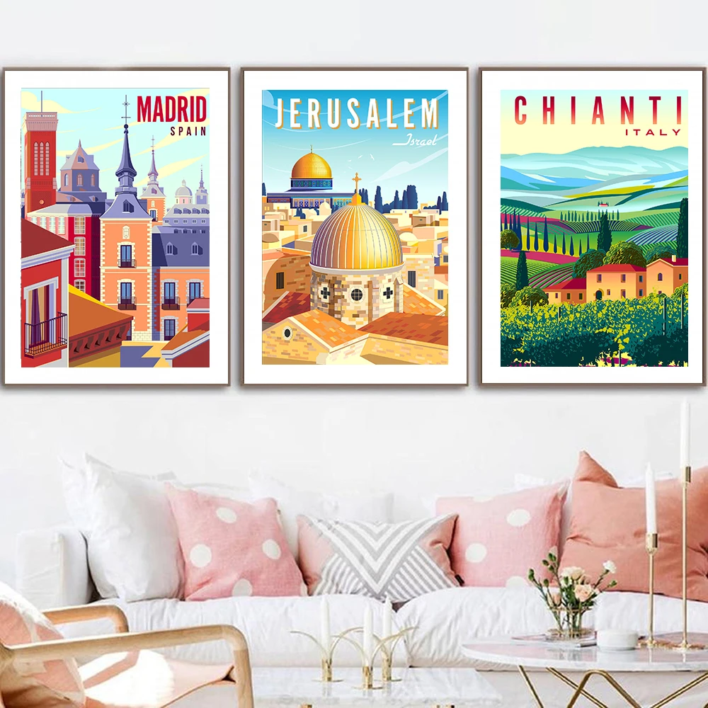 

Vintage Travel Cities Italy Caribbean Chile Minimal Landscape Poster Wall Art Picture Canvas Painting for Living Room Home Decor