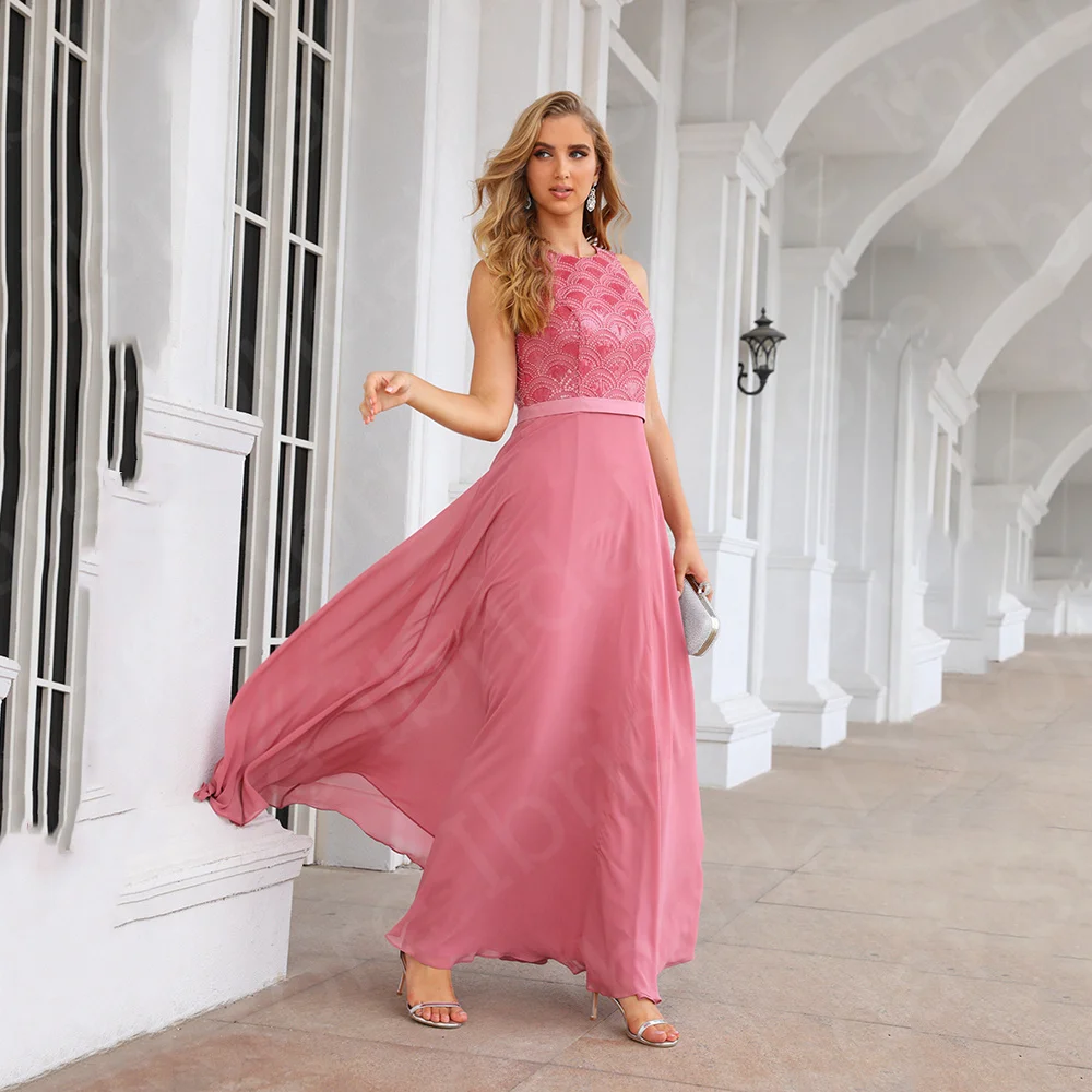Classic Dusty Rose Long Bridesmaid Dresses Chiffon Maid of Honor Gowns Round Neck Sleeveless Wedding Party Gowns Beaded On Sale