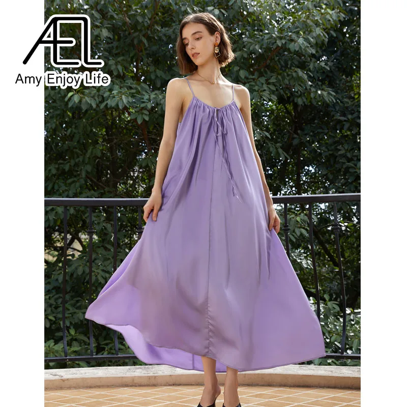 

AEL винтажное атласное платье для женщин без рукавов Повседневная Свободная модная Домашняя одежда сиреневый
