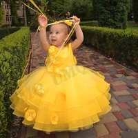 yellow cute baby toddler birthday flower girl dress lace teen wedding party dresses with big bow fashion show first communion