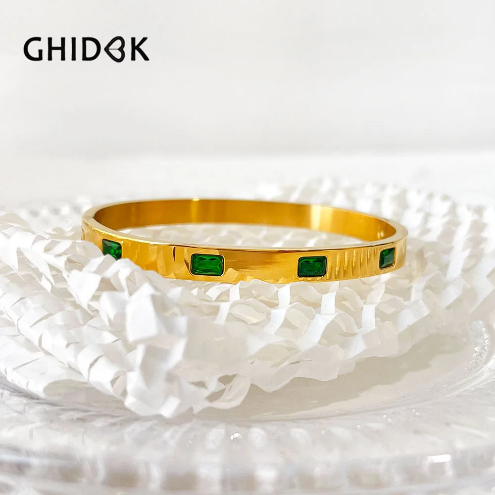 

GHIDBK Stainless Steel 18K Gold Plated Inlay Rectangle Green Cz Zircon Cuff Bangle for Women Delicate Jewellery Water Safe