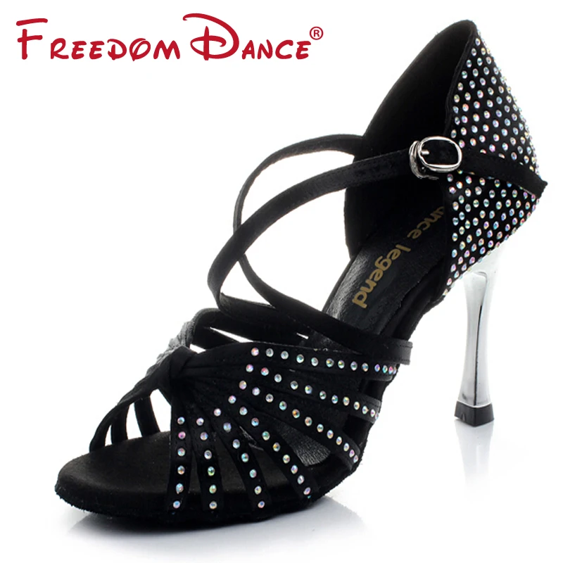 

Metal 8.5cm High Heel Rhinestones Women's Latin Dance Shoes Satin Ballroom Shoe Sandals Girls Dancing Shoes Salsa Dark Tan Black