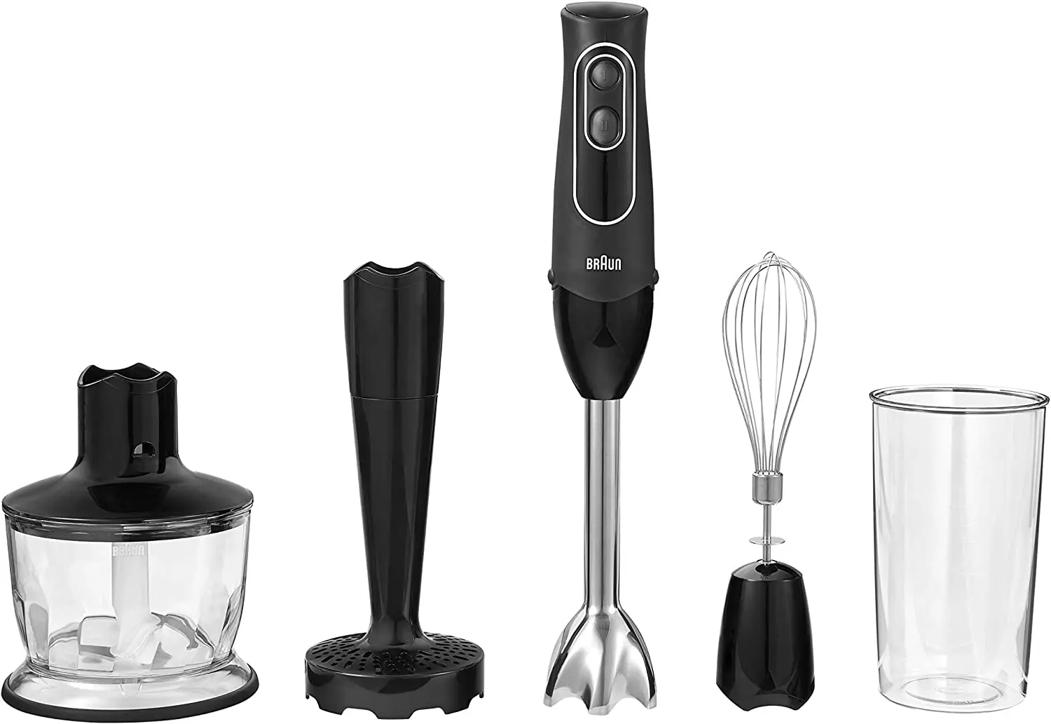 

4-in-1 Immersion Hand Blender, Powerful 350W Stainless Steel Stick Blender, Multi-Speed + 2-Cup Food Processor, Whisk, Beaker, M