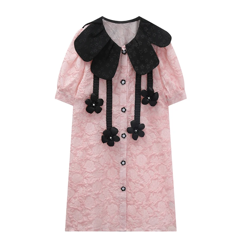 

KBAT Mini Dress Women Short Sleeve Peter Pan Collar Party Dress 2022 Summer Korean Fashion Chic Sweet Kawaii Jacquard Dresses