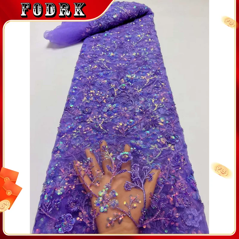 

African Beaded Lace Fabric 2023 High Quality Nigerian Sequins Beads French Tulle Lace Fabric Material For Wedding