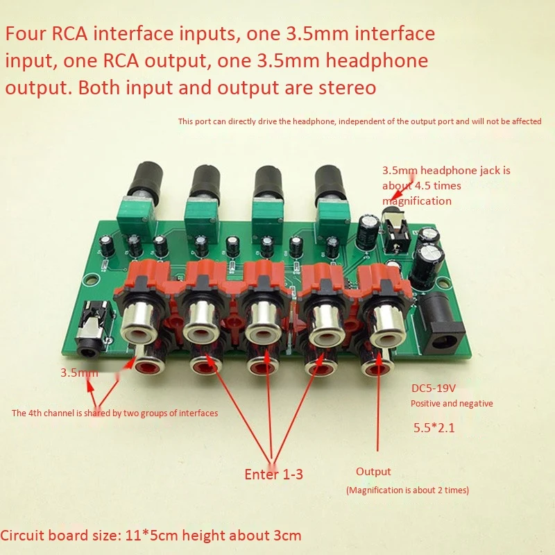 

Multi-Source RCA Mixer Stereo Audio Reverberator Audio Switch Switcher 4 Input 2 Output Driver Headphone Volume Control