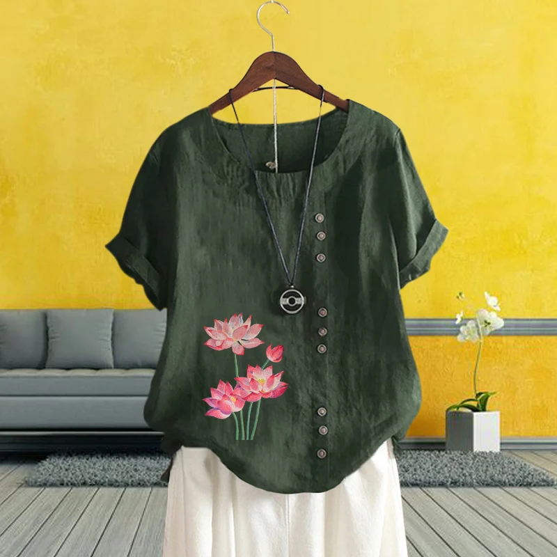 

Western Style Women Summer Graphic Printed Round Neck Short Sleeve T Shirt Casual Plus Size Solid Color Cotton Linen Loose Top