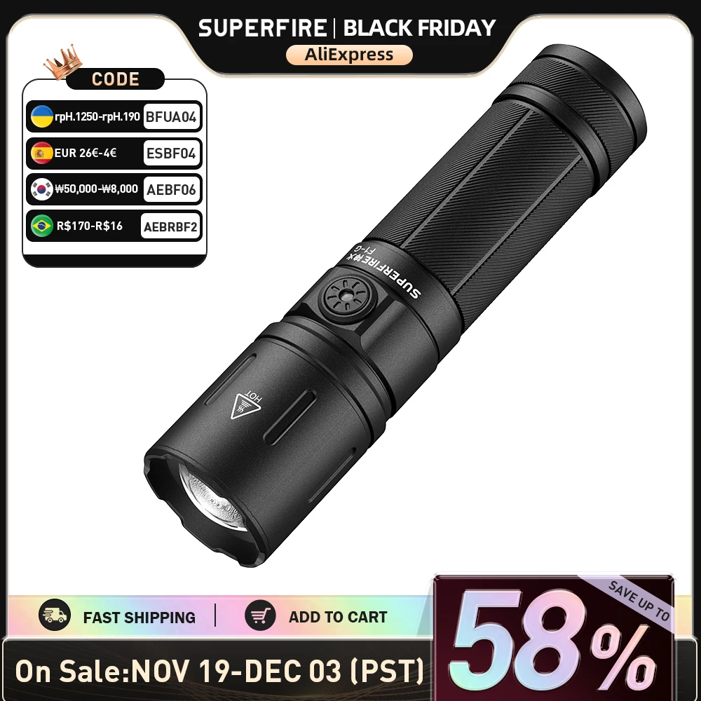 

SUPERFIRE F1-G USB-C перезаряжаемый светодиодный фонарик, белый/теплый свет