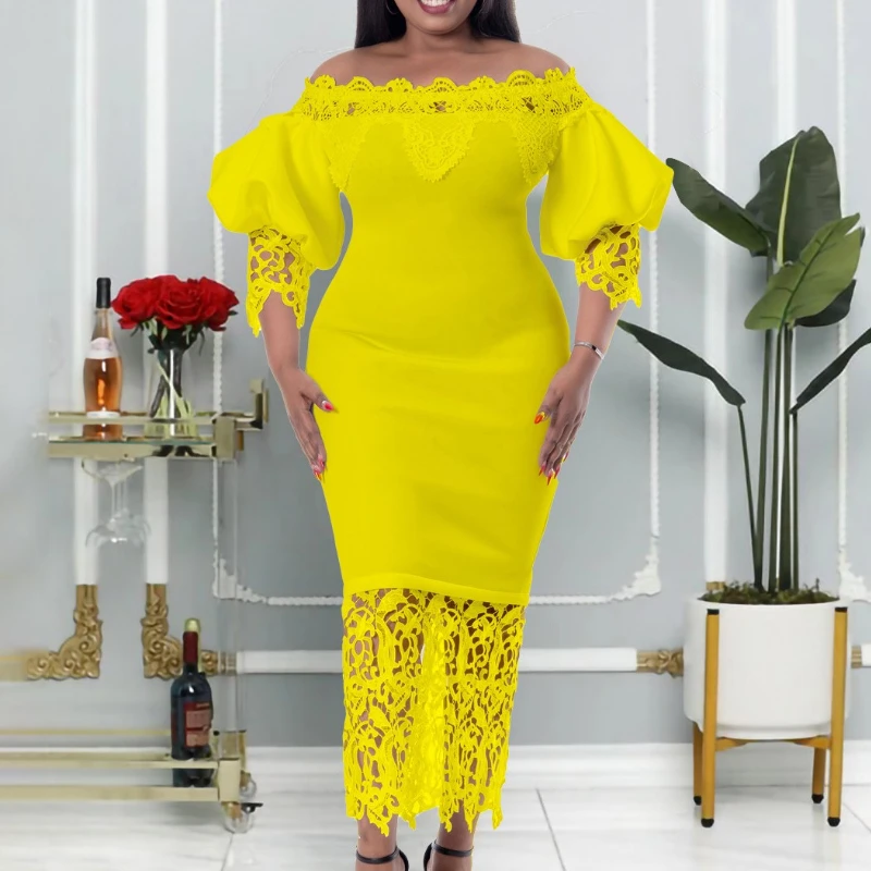 

Chic White Off The Shoulder Dress Hollow Out Lace Long Dresses Puff Sleeve Spring Summer Big Size Elegant Fashion Birthday Gowns