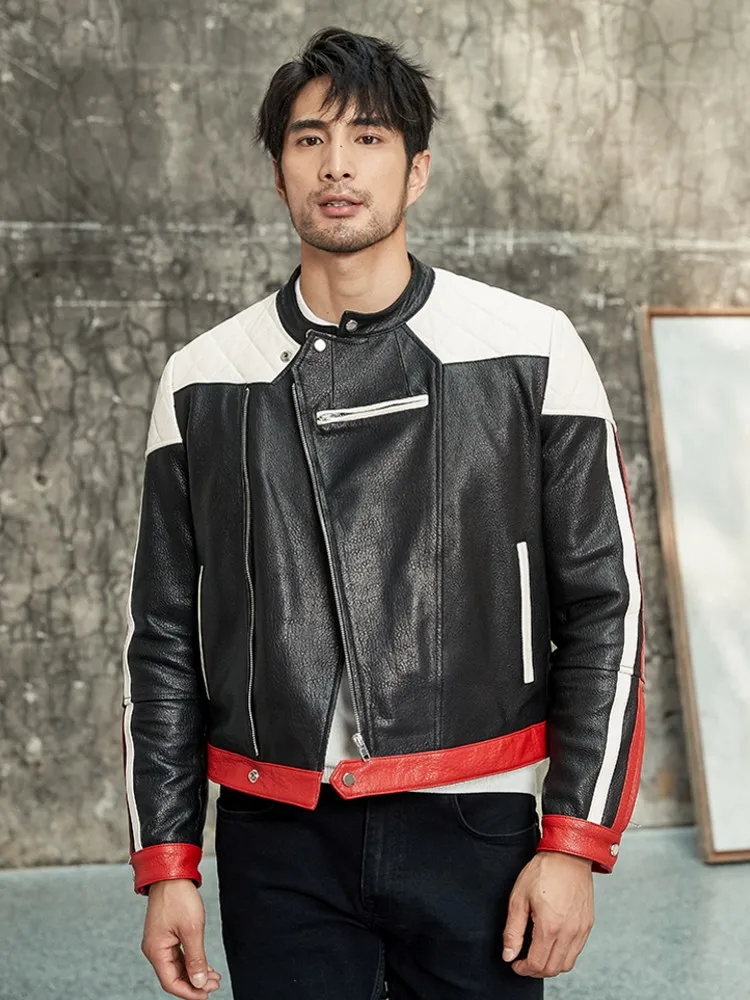 Мужская байкерская куртка из натуральной овечьей кожи с воротником-стойкой