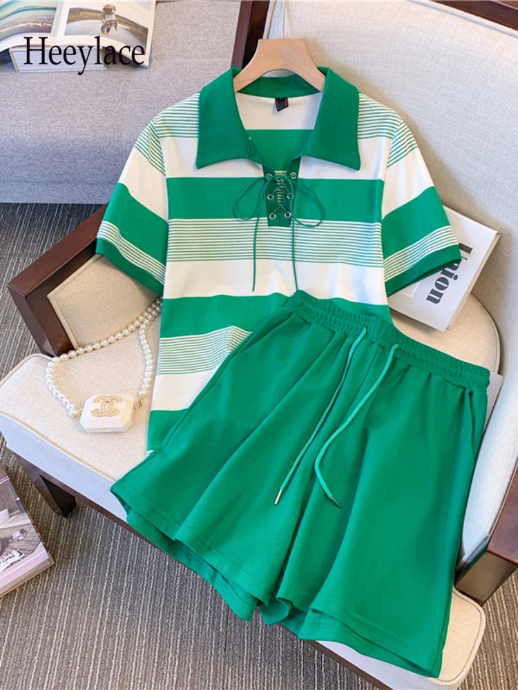 

Женский летний комплект из 2 предметов в полоску, топ с коротким рукавом и воротником-поло и шорты, женская спортивная одежда, повседневная о...