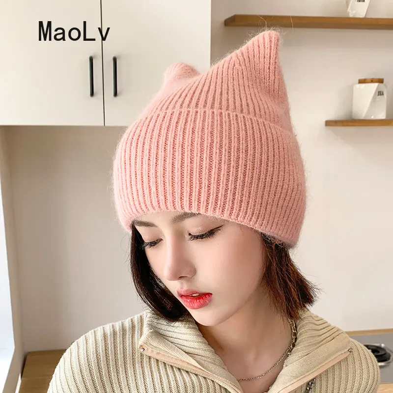 

Женская трикотажная шапка с кошачьими ушками, модная Милая уличная одежда из мягкого кроличьего меха для девочек, теплая шапка с черепом на ...