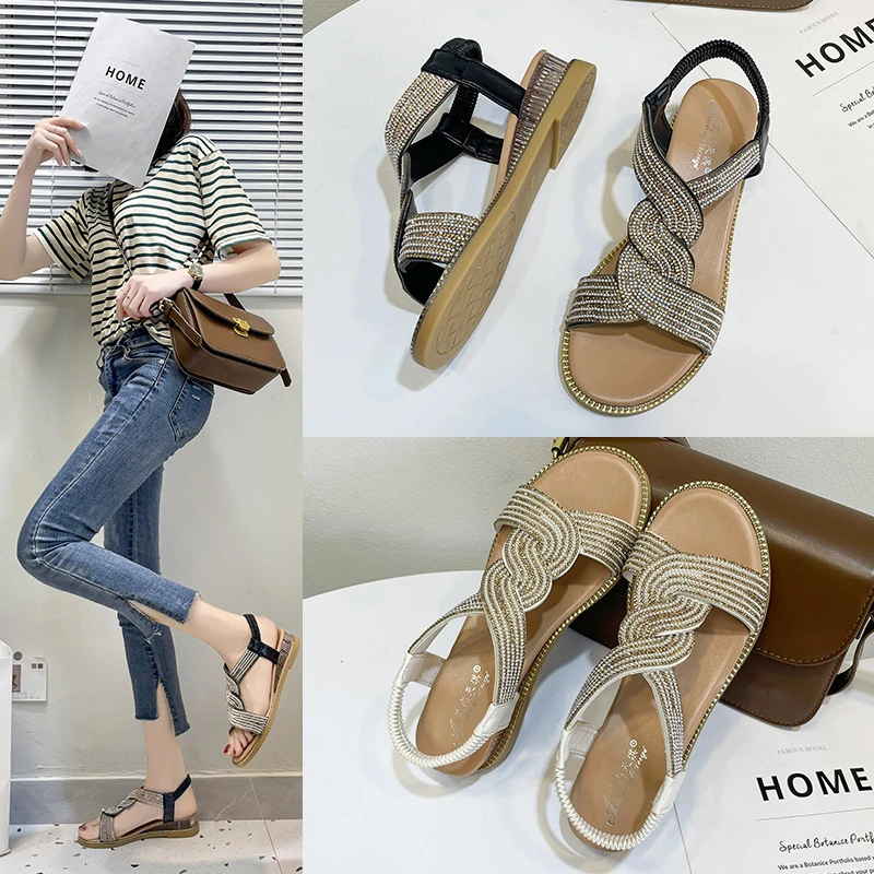

2022 Casual Fashion Women's Flat Sandals Round Toe Summer Shoes Women's 4cm High Heels with Diamonds Embellished Ladies' Shoes