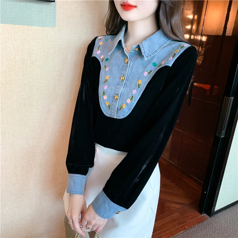 Новинка модная осенне-зимняя рубашка с отворотом джинсовая вышивкой и цветочным