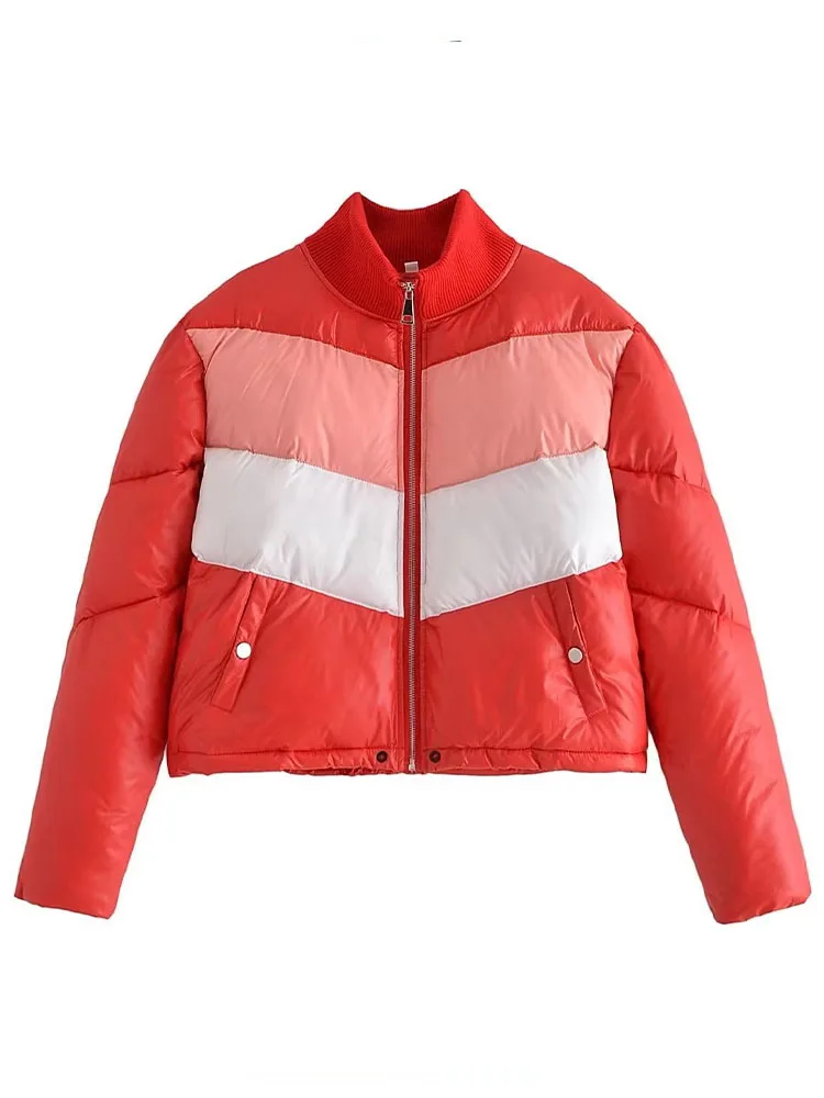 

Women 2022 Winter Warm Fashion colorblock pu faux leather cotton Coat Vintage Long Sleeve zipper Female Outerwear Chic Tops