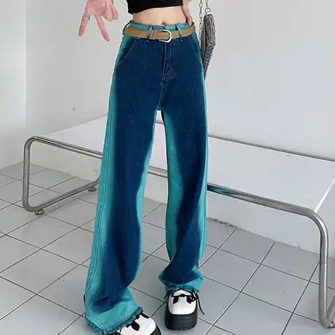 Autumn 2023 Design  Simple Street Contrast Wide Leg Ragged Jean High Waist Trend  women high waisted jeans