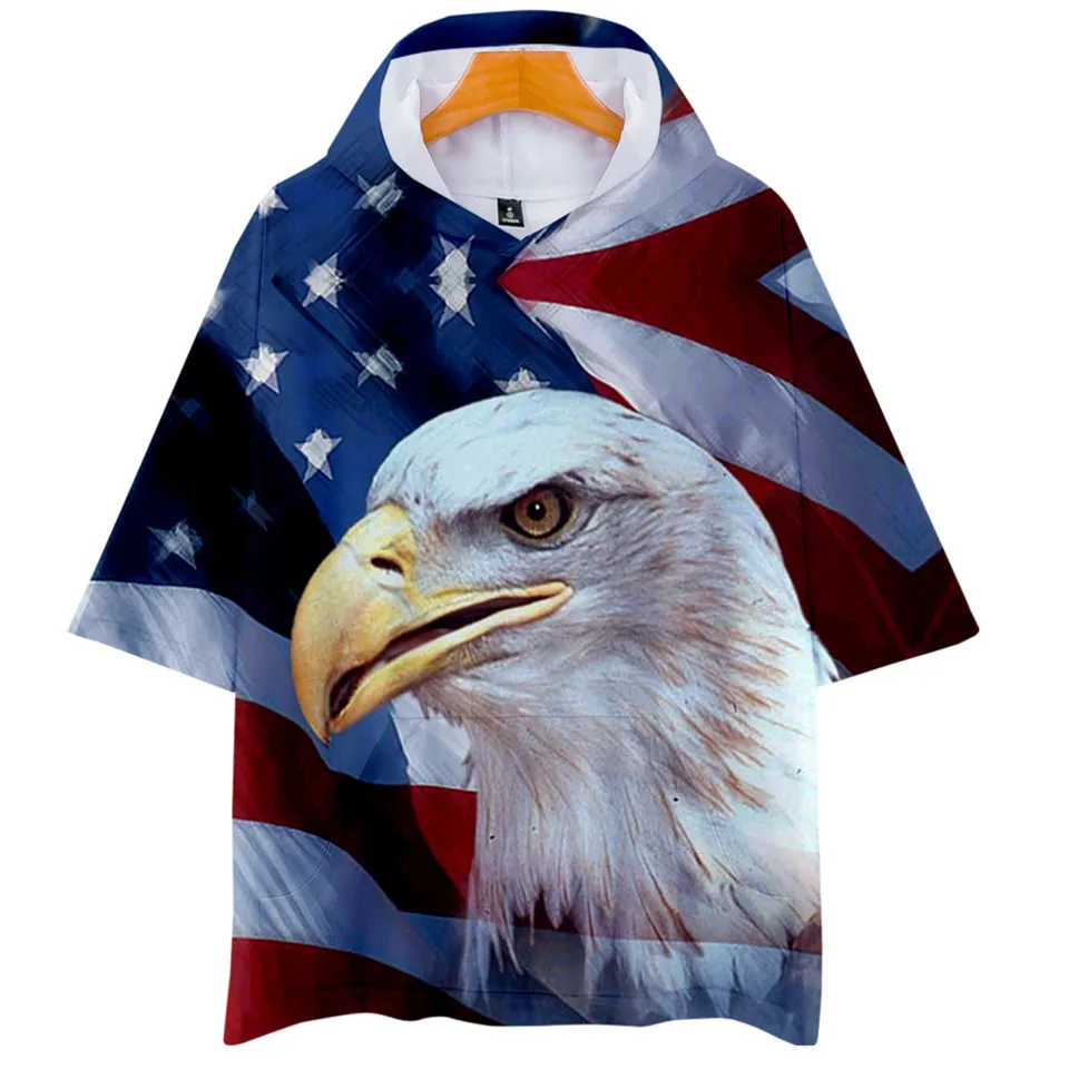 

Футболка с капюшоном для мальчиков и девочек, Повседневная рубашка в стиле Харадзюку С Рисунком Черепа, орла, национального флага США, с 3D-пр...