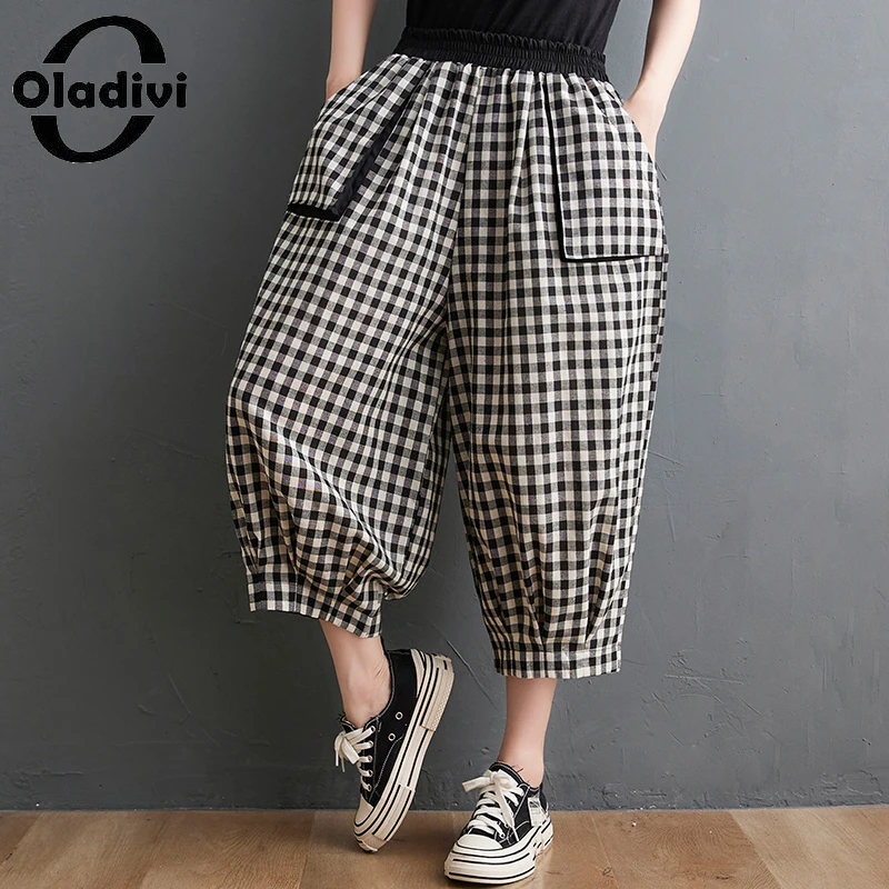

Oladivi Oversized Women Clothing Fashion Plaid Casual Pants 3/4 Length Capris 2022 Summer New Big Pockets Wid Leg Trouses 31593