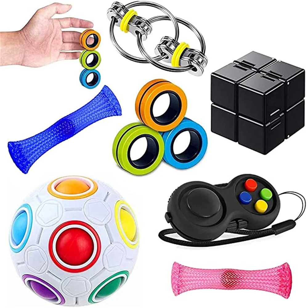 7 Pack Sensory Fidget Toys Set Stress Relief Tools Bundle with Fidget Pad Flippy Chain Infinity Cube Magnetic Rings Ball Toy Kit