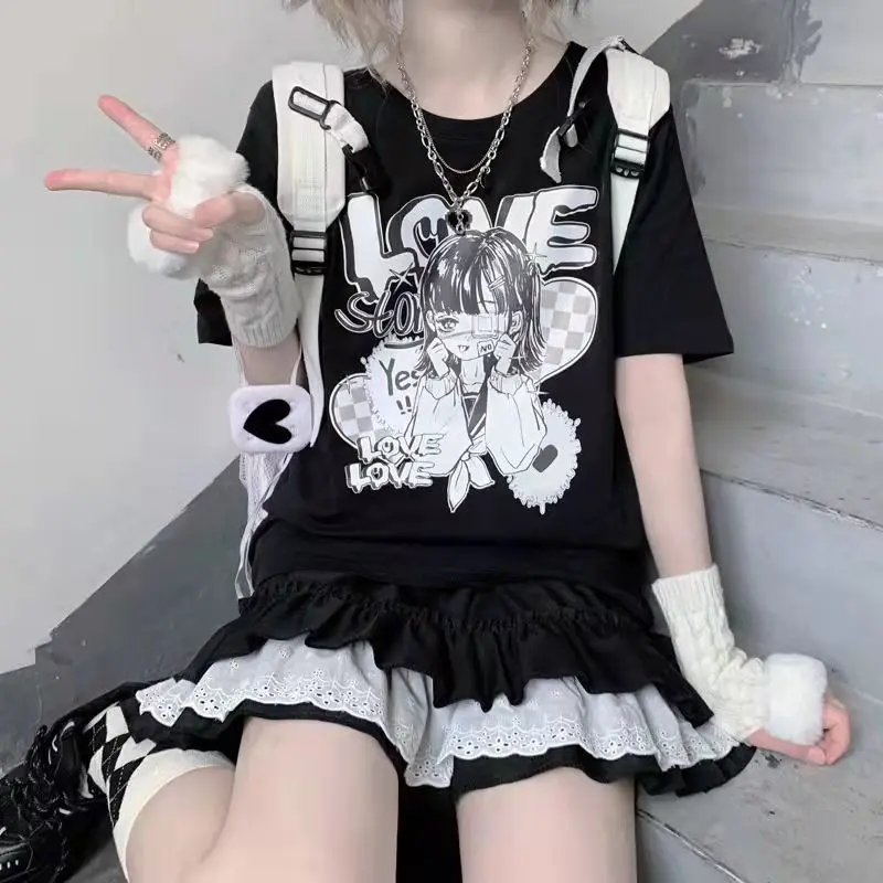 

MINGLIUSILI Japanese Two-dimensional Kawaii T-shirt Female 2022 New Loose Oversize Sweet Cool Soft Girl Short-sleeved Black Top