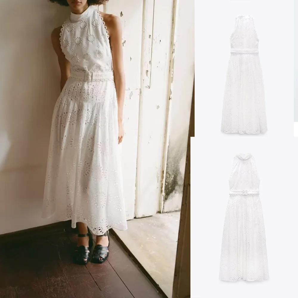 

Женское кружевное платье без рукавов, элегантное белое платье во французском стиле с поясом и вышивкой, платье с воротником-стойкой на лето