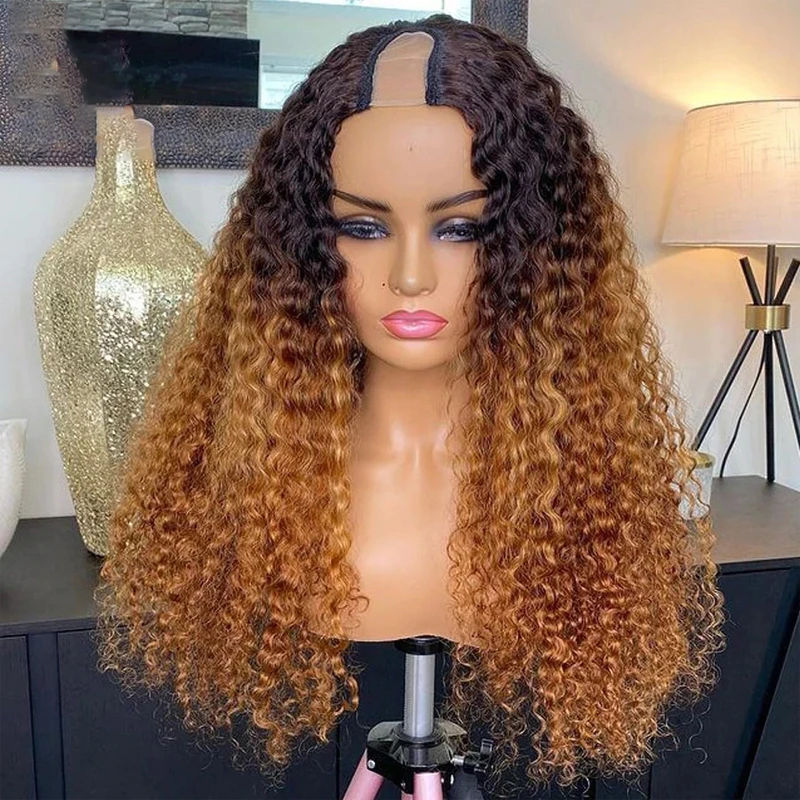Soft Ombre Blonde 24 inch Long Kinky Curly U Part Wig European Remy Human Hair Wigs Jewish Glueless Wig For Black Women Daily