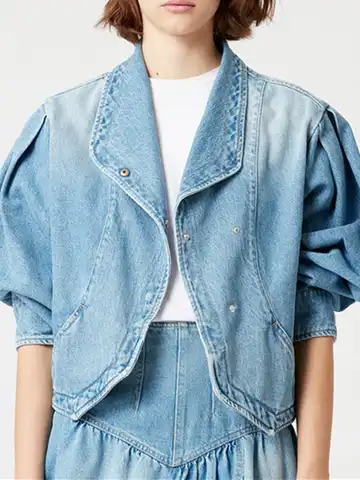 Женская джинсовая куртка с отложным воротником, Короткая синяя куртка с пышными рукавами, верхняя одежда для ранней весны, новинка 2022