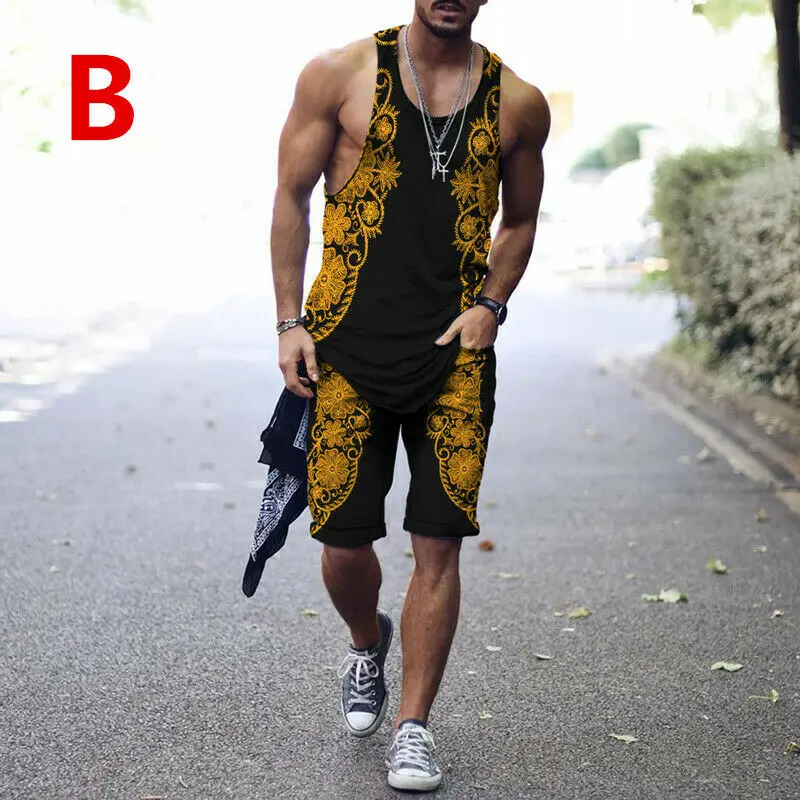 Mens Summer Outfit 2-Piece Set Tank Top Shirts and Shorts Sweatsuit Gym 