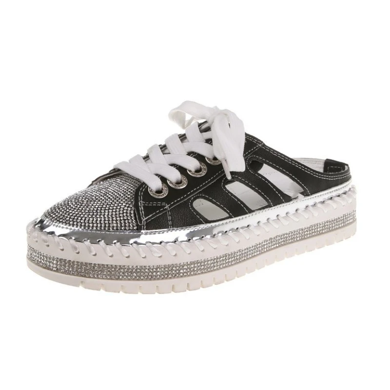 2023 New Fashion Flat Platform Half Slippers Women Summer Couple Bling Mules Crystals Lace-up Shoes Slides Plus Size 41 42 43