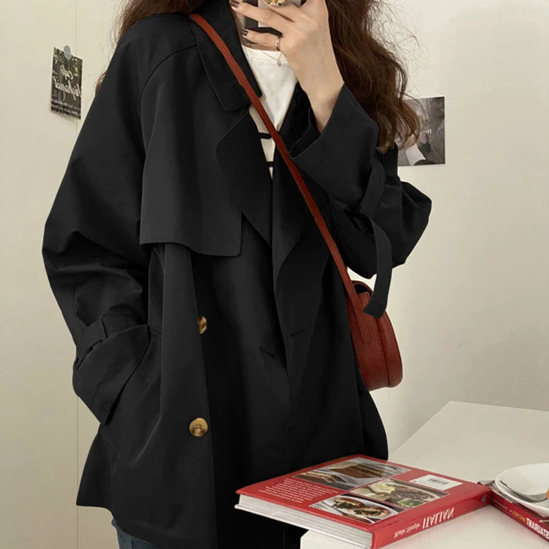 Chic Turn-down Collar Belt Trench Coats for Women 2022 Autumn Double Breasted Jacket Woman Korean Style Loose Windbreaker Female images - 6