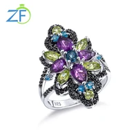 gz zongfa real silver ring for women sterling silver 925 multicolor natural gemstone black vintage design fine jewelry