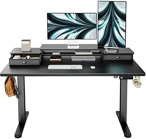 

Desk with Double Drawers, 48x24 Inches Adjustable Height Sit Stand Up Desk, Home Office Desk Computer Workstation with Storage S