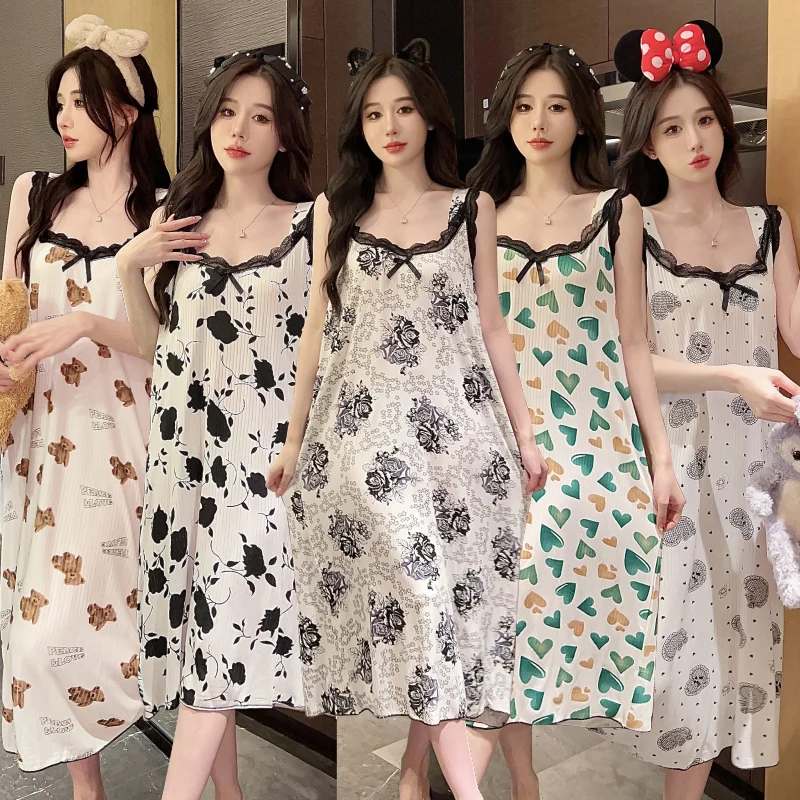 

Plus Size Sexy Spaghetti Strap Modal Print Nightgowns for Women Summer Korean Cute Lace Sleepwear Nightdress Night Dress Nighty