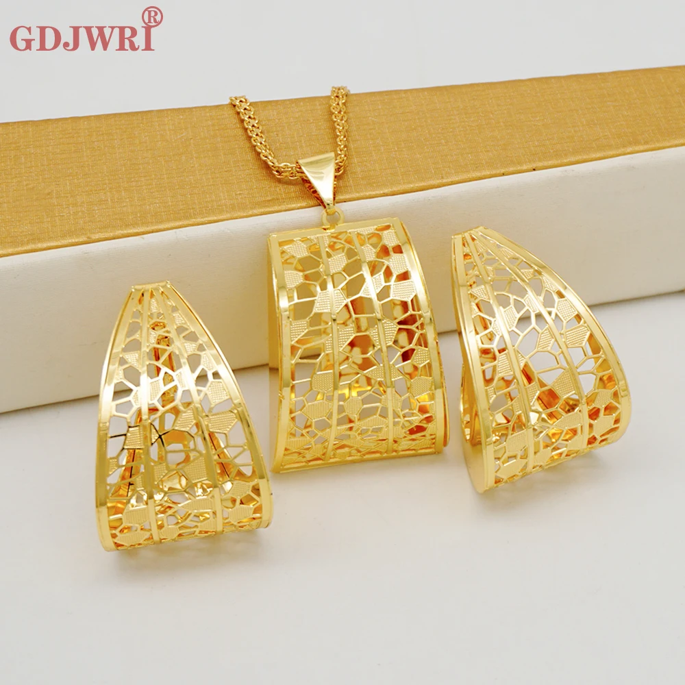 

African Gold Color Hollow Out Pendant Necklace Earrings Set Dubai Italian Brazilian For Women Lady Daily Wear Jewelry Set