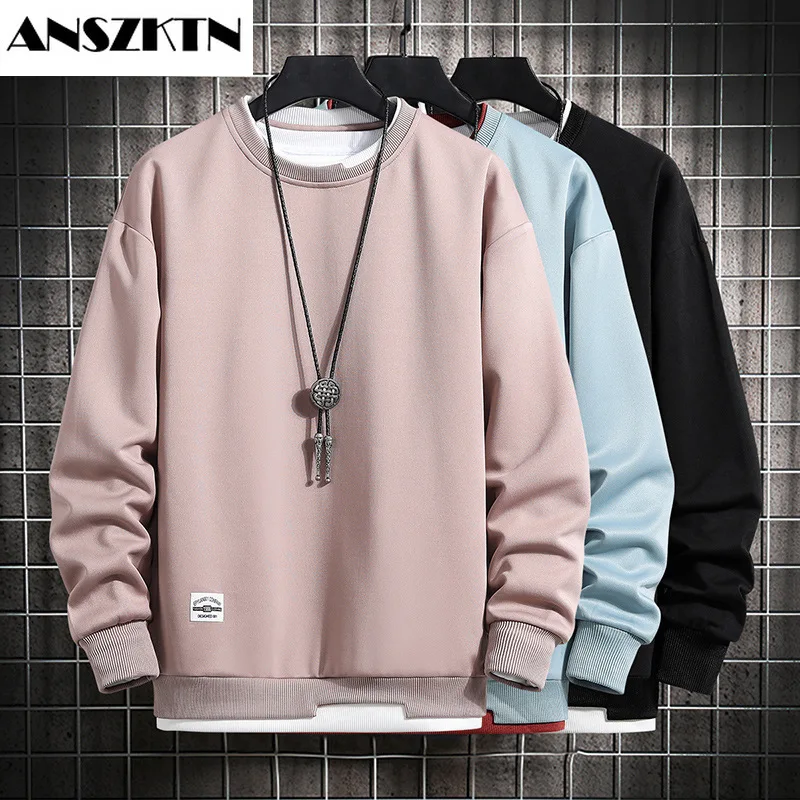 

ANSZKTN Men's clothing Flase two-piece Off shoulder Hoodie spring autumn INS O neck Solid Pullover Long sleeve T-shirt Sweater