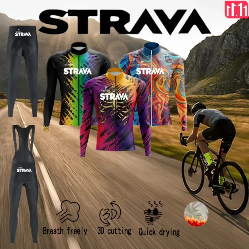 Strava Cycling Men's Winter Long Sleeve Bib Suit Warm Jacket Jersey Mountain Road Bike Christmas Thanksgiving Gifts
