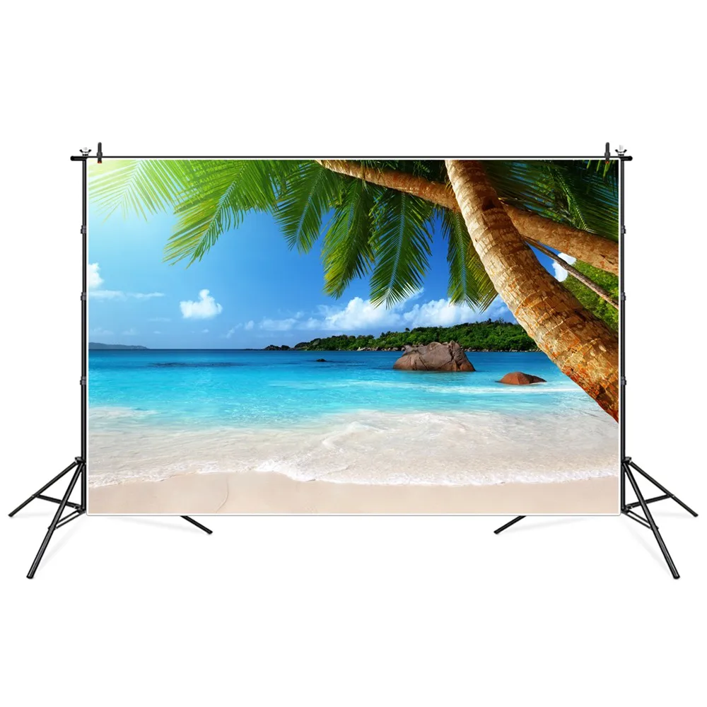 

Beach Shoal Waves Tropical Photography Backgrounds Seaside Palm Tree Leaves Rocks Island Holiday Backdrops Photographic Portrait