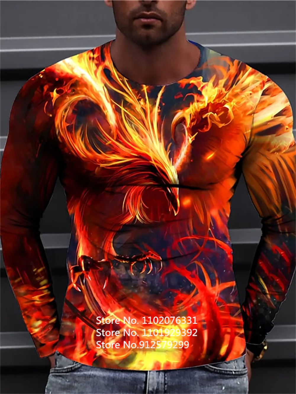 Купи 2023 Men's Shirt Round Neck Fire Phoenix 3D Printing Long Sleeve T-shirt Fashion Animal Birds Trend Hip-hop Tee за 267 рублей в магазине AliExpress