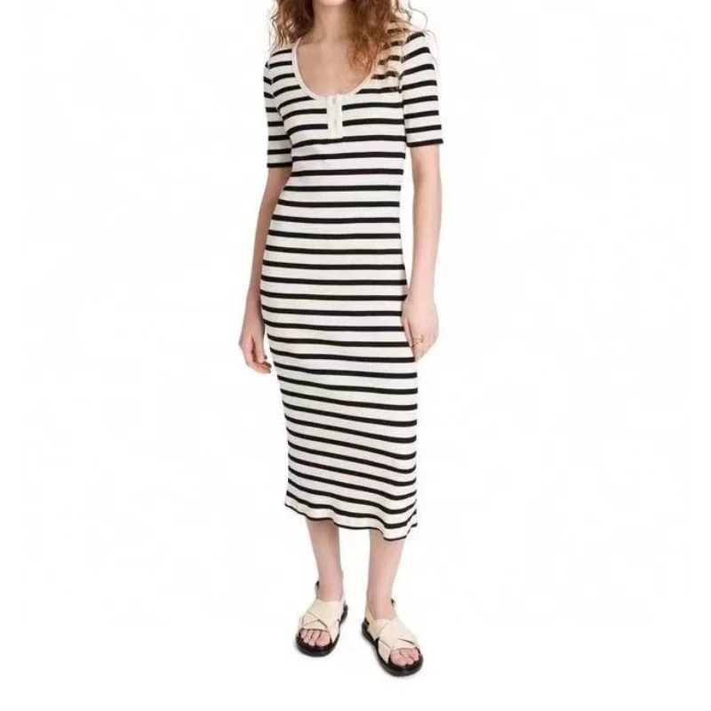 

2023 Spring Summer Women Dresses Striped Cotton Midi Dress