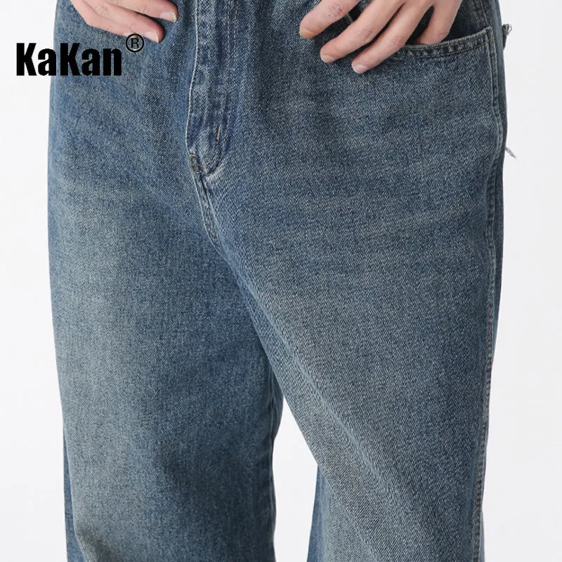 Kakan - New Korean Straight Tube Blue Jeans for Men, Loose Wide Leg Minimalist Retro Long Jeans K50-297