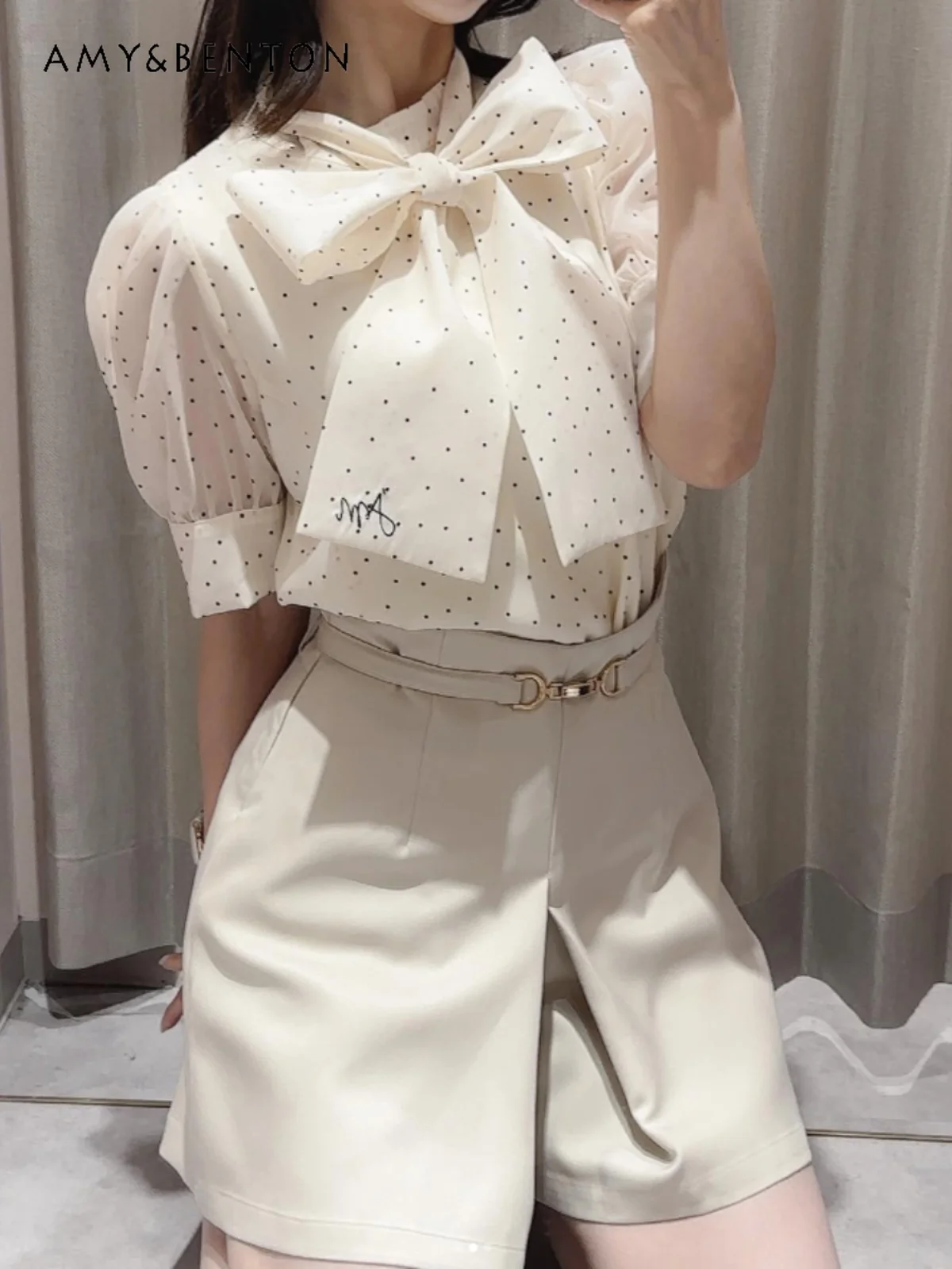 

Japanese Bow Short-Sleeve Blouse Detachable Lace-up Embroidery Half Turtleneck Polka Dot Shirt Top Women Summer New Blusas Mujer